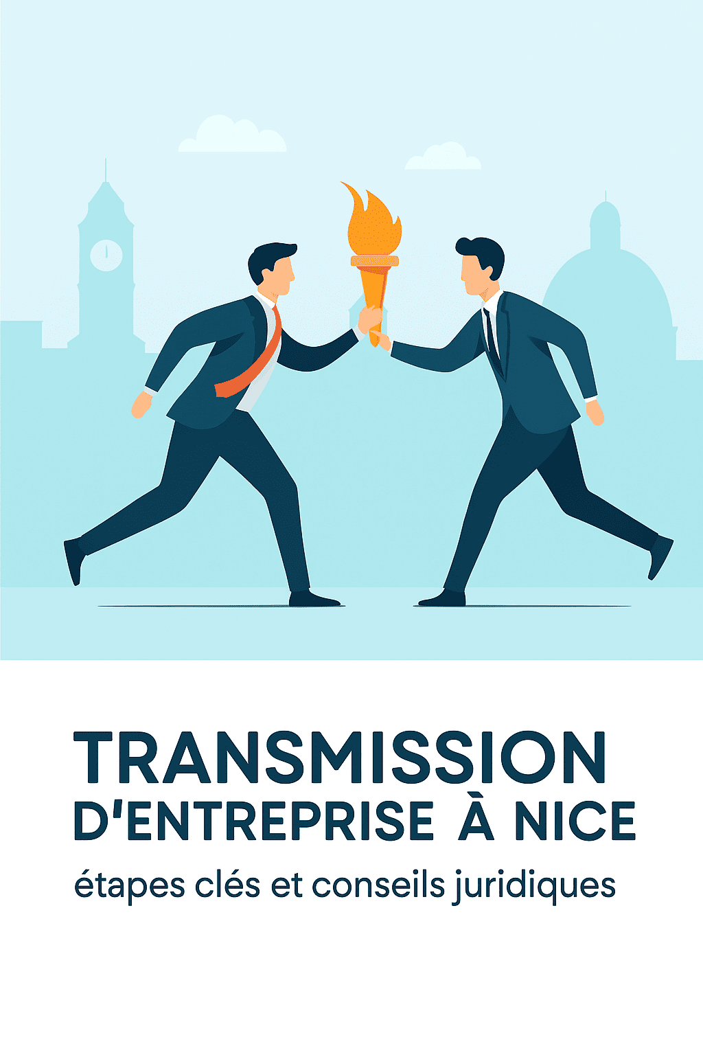Illustration d’une passation d’entreprise à Nice entre deux hommes en costume, représentant la transmission d’entreprise